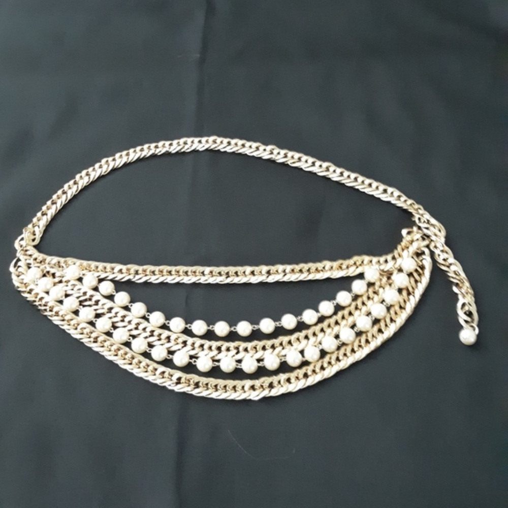 Chain Link and Faux Pearl Multi strand Belt